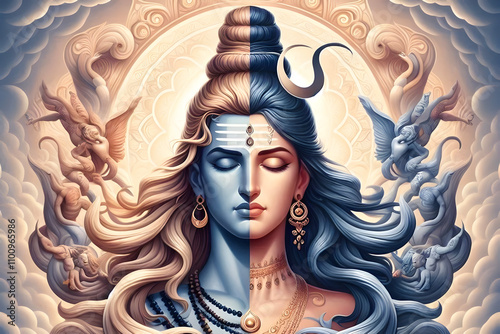 High detail and  hyper realistic, illustrative image of Ardhanarishvara