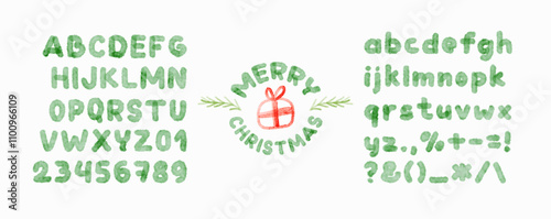 Christmas Watercolor alphabet, including letters, numbers. Xmas paint fonts. Vector illustration