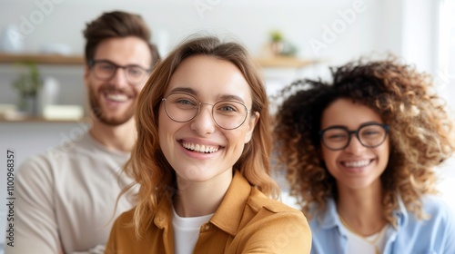 Happy group of diverse young people smiling confidently indoors, showcasing friendship and positivity in a bright environment