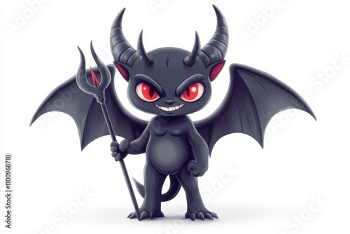 A cute, black cartoon devil character with red eyes small horns and bat like wings The devil is holding a trident in one hand photo