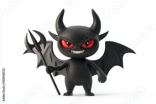 A cute, black cartoon devil character with red eyes small horns and bat like wings The devil is holding a trident in one hand photo