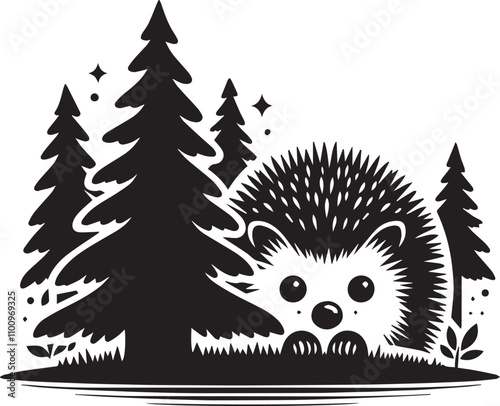 A hedgehog peeking from behind a tree vector silhouette