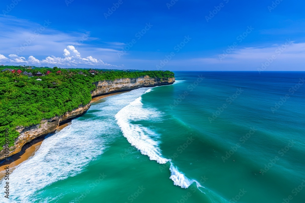 Obraz premium A stunning seaside cliff view with deep blue ocean waves crashing below and a vibrant sky above