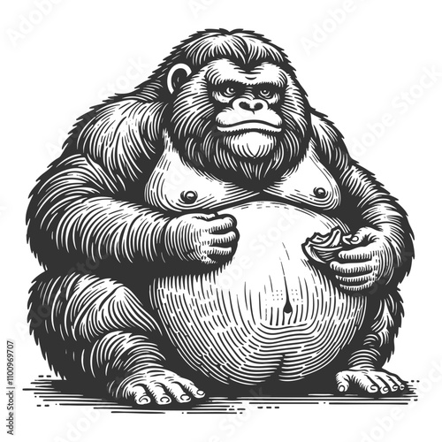 cartoonish fat gorilla holding food, drawn in a humorous and detailed illustrative style sketch engraving generative ai vector illustration. Scratch board imitation. Black and white image.