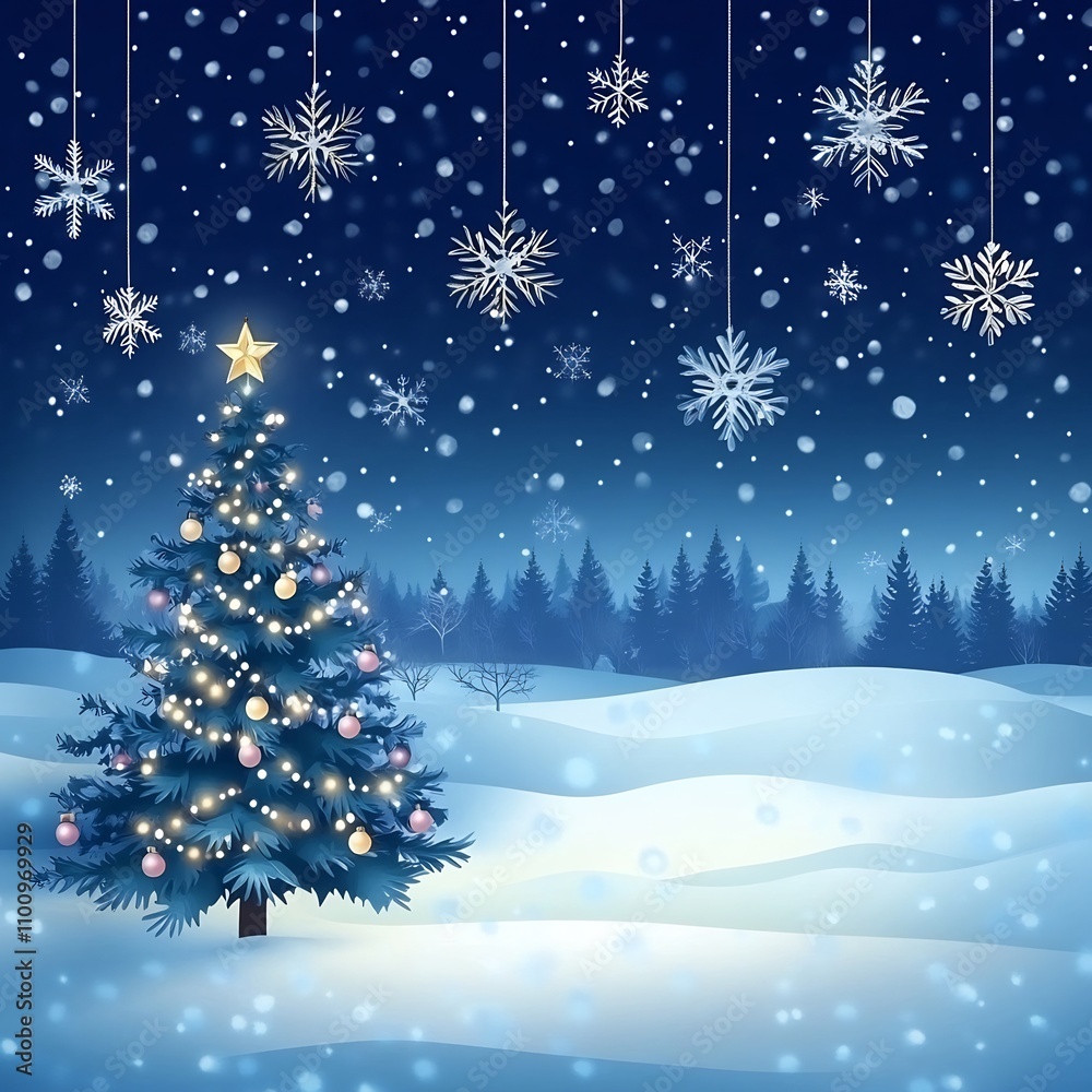 Festive snowy landscape with a glowing Christmas tree adorned with hanging snowflake under a cozy and magical winter night sky Festive snowy landscape with a glowing Christmas tree adorned with hanging snowflake under a cozy and magical winter night sky