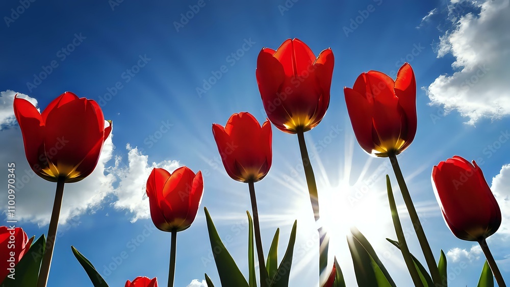 Obraz premium Red tulips in full bloom with rays of sunlight against a clear blue sky