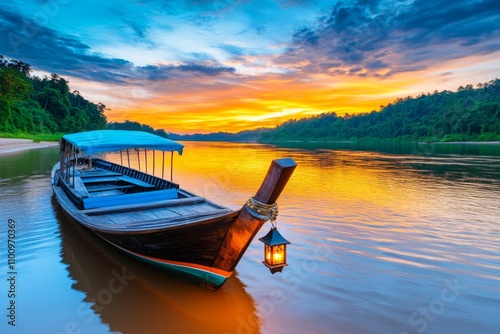 A traditional wooden sampan boat on a peaceful Asian river, with lanterns lighting up the dusk