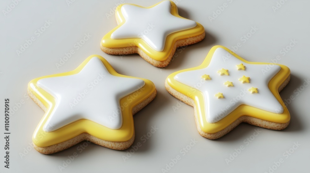 Fototapeta premium Four white and yellow star shaped cookies with white icing
