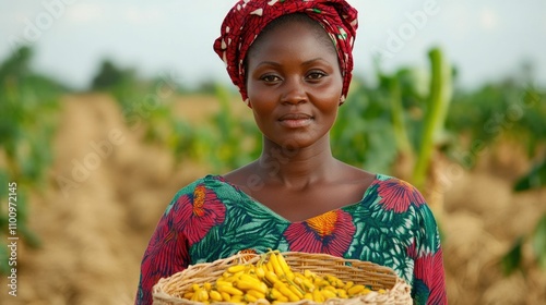 Portrait of a smiling African woman holding a basket of bountiful harvest crops while participating in a vibrant agricultural festival celebrating the community s farming traditions and prosperity photo