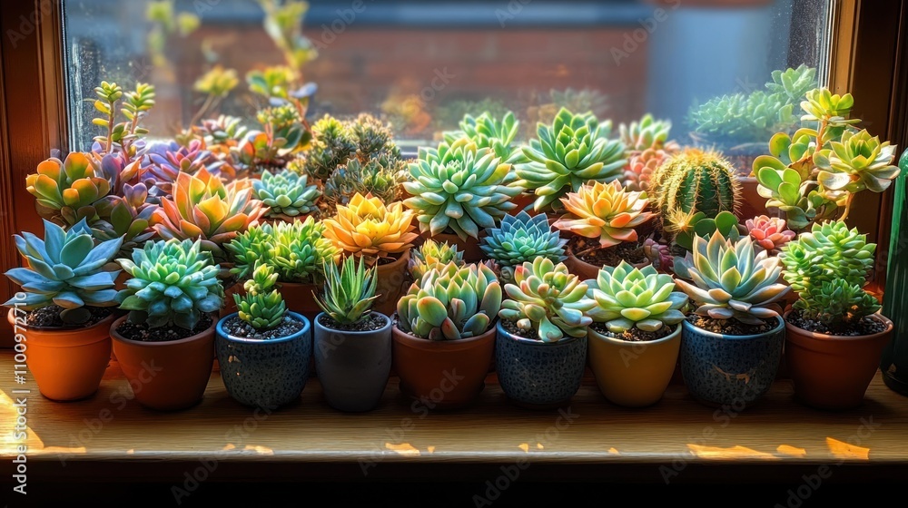 Fototapeta premium A collection of succulents in different colored pots sit on a window sill bathed in sunlight.