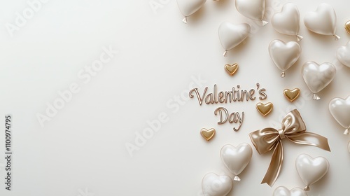 Elegant golden text and heart balloons for Valentine's Day on a white surface.