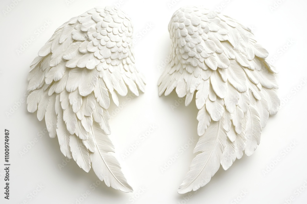 Fototapeta premium A pair of soft detailed white angel wings with realistic feather textures slightly spread