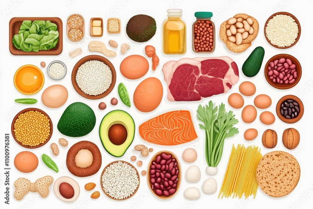 A vibrant collection of various food items including vegetables, meats, grains, and eggs, perfect for healthy cooking inspiration. A vibrant collection of various food items including vegetables, meats, grains, and eggs, perfect for healthy cooking inspiration.