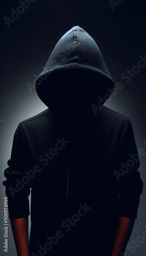 anonymous person in black hood and black background