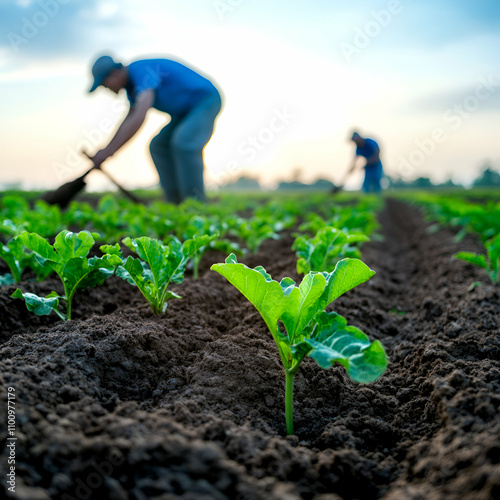 Farmers cultivating fresh, green vegetables. photo