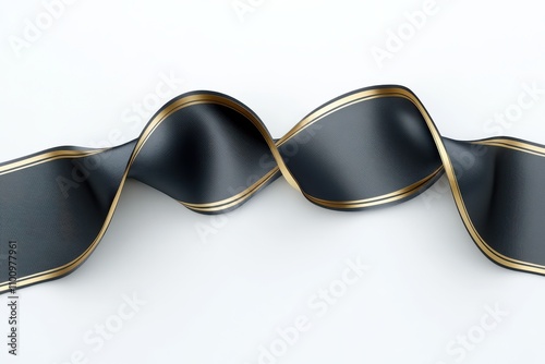 A sleek black ribbon banner with golden edges isolated on a white background featuring elegant curves and a subtle gradient effect