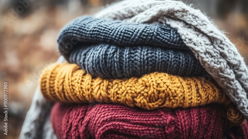 Cozy Winter Holiday Wardrobe Cozy knitted sweaters stacked comfortingly. photo