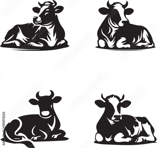 "Set of Four Cow Silhouettes in Various Resting Positions"
