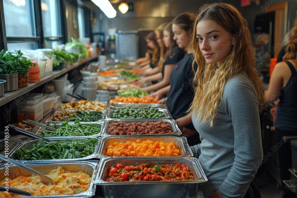 Fototapeta premium A young woman looks directly at the camera while standing in a line of people behind a buffet of fresh food, all prepared in a commercial kitchen setting.
