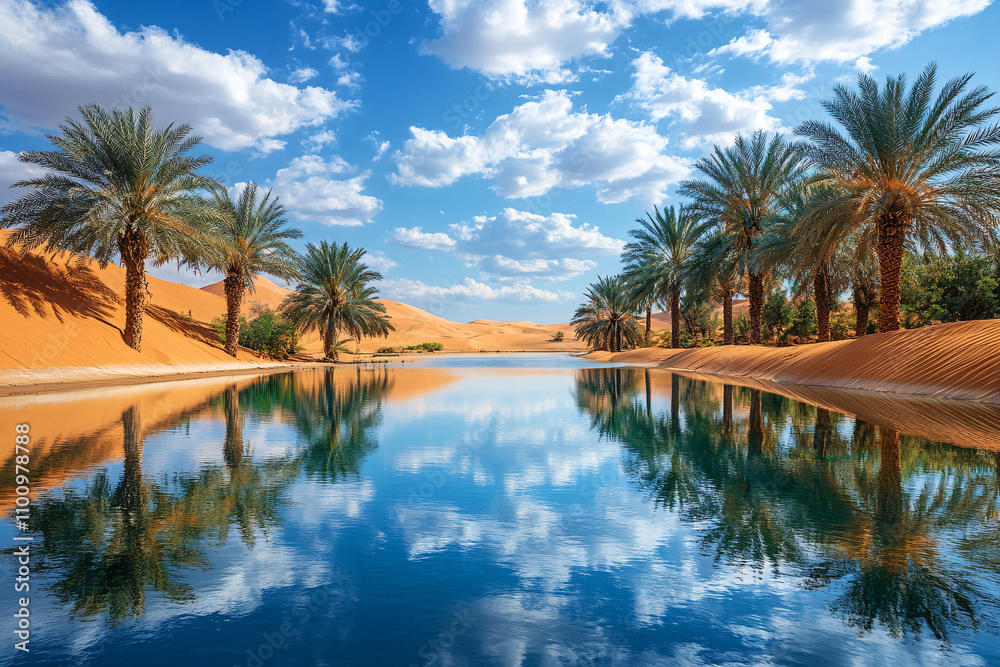 Fototapeta premium Enchanting Desert Mirage of Hopeful Dreams: A Mystical Scene Filled with Incredible Wonders, Sparkling Water in the Sand, Lush Palms, and Natural Jewels Creating a Magical Moment