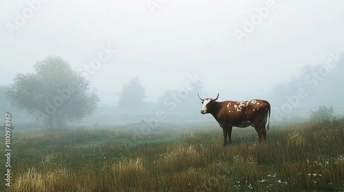 Solitary Longhorn Cow in a Misty Field photo