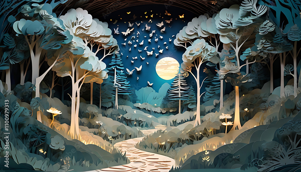 Obraz premium An intricate paper-cut style forest with layered trees, glowing fireflies, and a winding path illuminated by moonlight, creating a magical and serene setting.