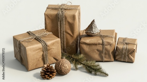 Sustainably wrapped christmas gifts using natural materials like brown paper and twine photo