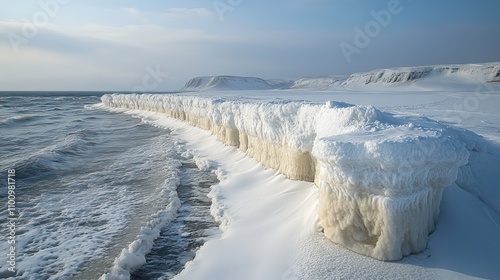 An unusual weather anomaly creates a snowy coastline, highlighting the unexpected effects of climate change. photo