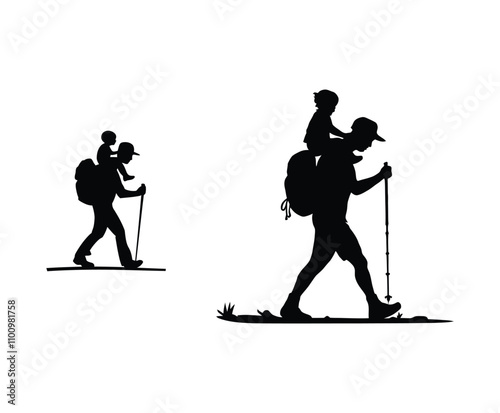 Silhouette of Hiker Carrying Child on Shoulders Vector Template