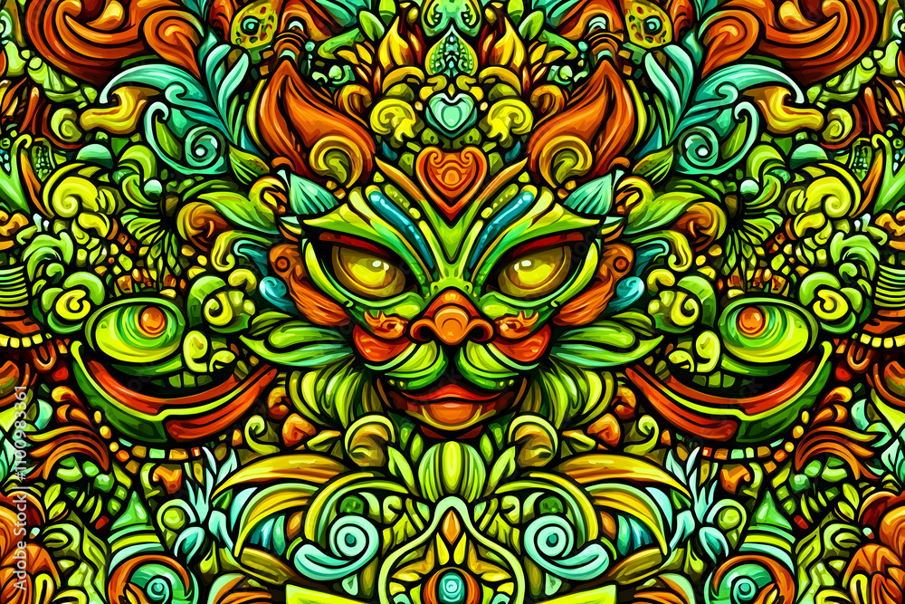 Fototapeta premium Colorful ornate creature face, vibrant green, orange, yellow, swirls, fantasy art.