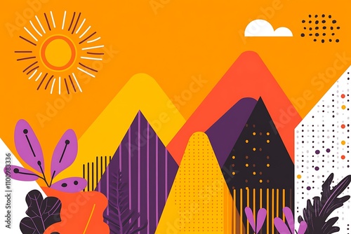 Abstract background retro pattern hand drawn image of mountains and flowers