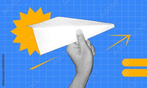 Halftone collage, Launching paper airplane with hand on blue background. concept of innovation, creativity, hope, future and forward-thinking ideas