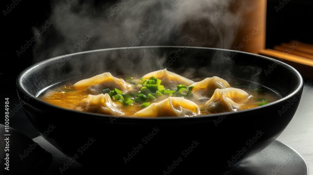 Steaming Bowl of Delicious Dumpling Soup with Fresh Green Onions, Warm Aromatic Broth, and Inviting Presentation for Culinary Delight Steaming Bowl of Delicious Dumpling Soup with Fresh Green Onions, Warm Aromatic Broth, and Inviting Presentation for Culinary Delight