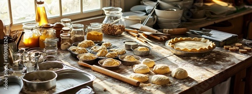 Baking ingredients and tools scattered across a rustic kitchen counter photo