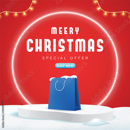 3d Christmas sale on white banner template for winter season with the snow and Christmas theme