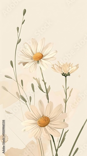 A chic floral design with minimalist daisies in pastel tones and subtle green stems, perfectly set against a clean ivory-colored backdrop. 8k UHD, suitable for high-quality printing or digital 