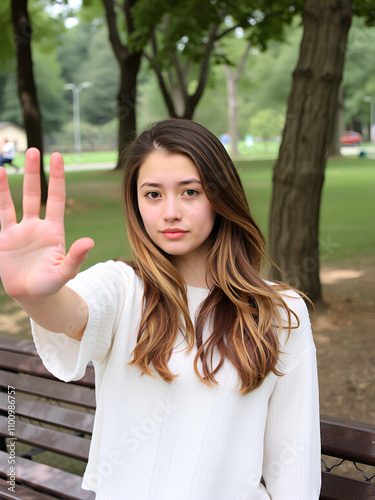 A young woman playfully pleads to not have her photo taken while at the park. Self conscious about her image. photo