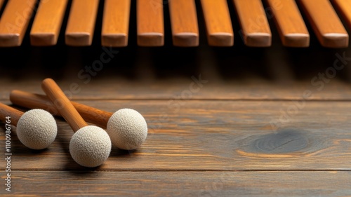 Music and lyrics studio for beat improvement. Wooden bars with mallets on a rustic surface, ideal for music themes. photo