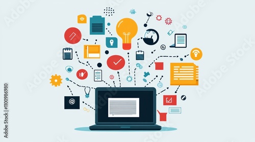 Wallpaper Mural Online Education and E-Learning Concept. Person use laptop with icons representing online education, learning, knowledge sharing, educational tools, training, webinar on internet, digital courses. Torontodigital.ca