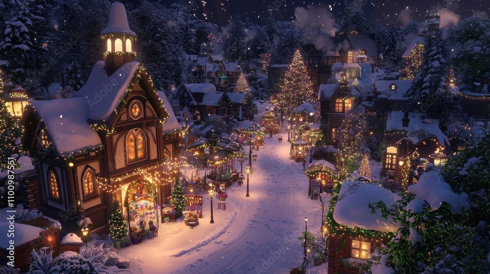 Fototapeta premium A Snowy Christmas Village Evening Lights Gleam Brightly