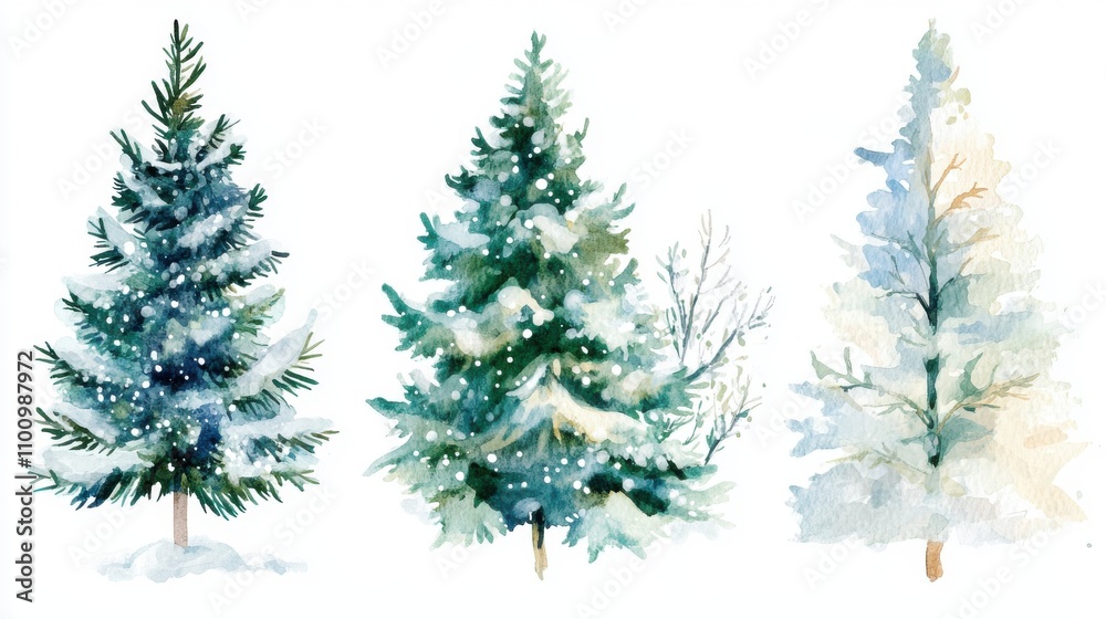 Fototapeta premium Four watercolor style Christmas trees, each with different details ranging from simple green branches to snow covered decorations