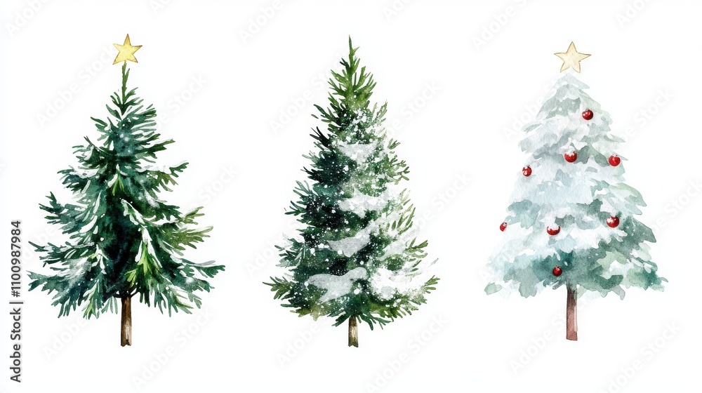 Fototapeta premium Four watercolor style Christmas trees, each with different details ranging from simple green branches to snow covered decorations
