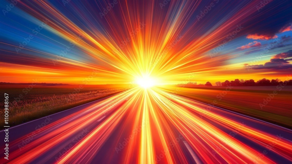 Obraz premium Vibrant Sunset Highway with Speed Emphasis and Futuristic Vibe in Dramatic Light Burst Scene.