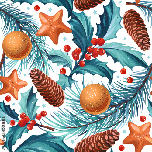 Seamless pattern with Christmas symbol. Christmas tree with cones, stars and balls on a white background. Winter vector backdrop for greeting cards, wrapping papers.
