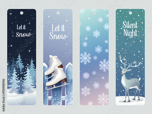 christmas bookmarks with snowflakes, sneakers, pine trees, reindeer
