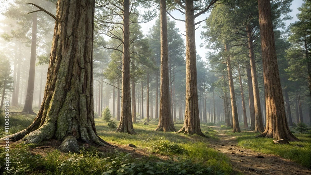 Obraz premium Forest scene with multiple tree trunks, multiple tree trunks, brown