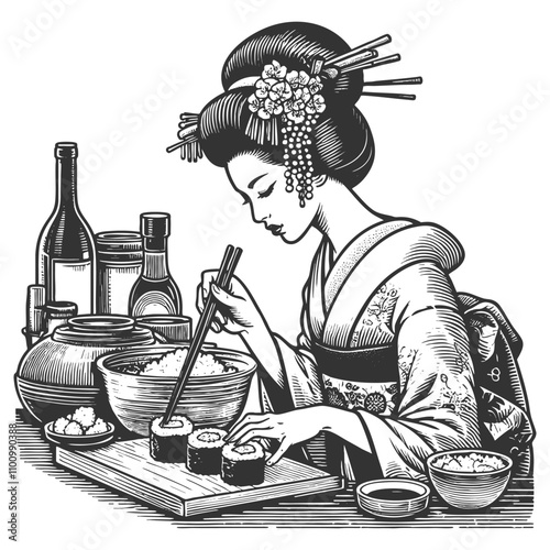 Japanese woman in a kimono using chopsticks to eat sushi and udon noodles sketch engraving generative ai fictional character vector illustration. Scratch board imitation. Black and white image.