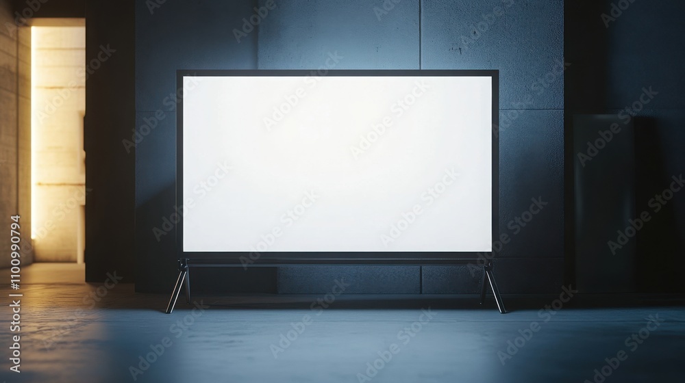 Fototapeta premium a sleek empty exhibition screen with a white surface, modern metallic stand