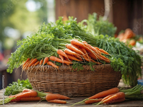 A wicker basket filled with fresh carrots