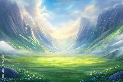 The soft light of the rising sun illuminates the mountain meadows.